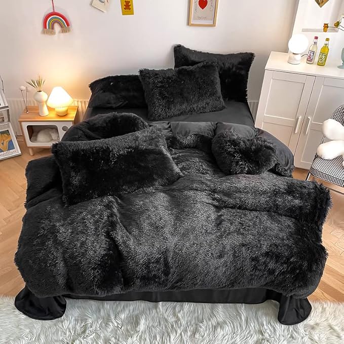 Faux Fur Kids Girls Black Comforter Sets King - 3PC Bed Set Warm Comfortable Soft Plush Flannel Velvet Fluffy Fuzzy Bedding（Comforter x 1 Pillowcases x 2） - LeafyLoom