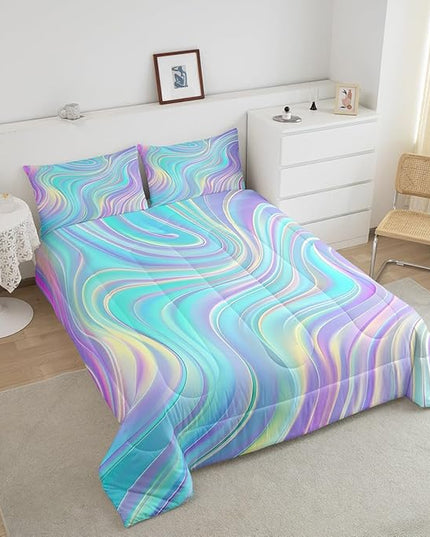Pastel Rainbow Comforter Set with Pillowcases Abstract Wave Stripes 3D Printed Designs 3 Piece Bedroom Duvet Set Psychedelic Girl Bed Down Comforter for Kids Women Dorm Room (Queen,Coulourful Marble) - LeafyLoom