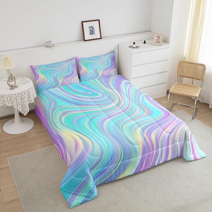 Pastel Rainbow Comforter Set with Pillowcases Abstract Wave Stripes 3D Printed Designs 3 Piece Bedroom Duvet Set Psychedelic Girl Bed Down Comforter for Kids Women Dorm Room (Queen,Coulourful Marble) - LeafyLoom