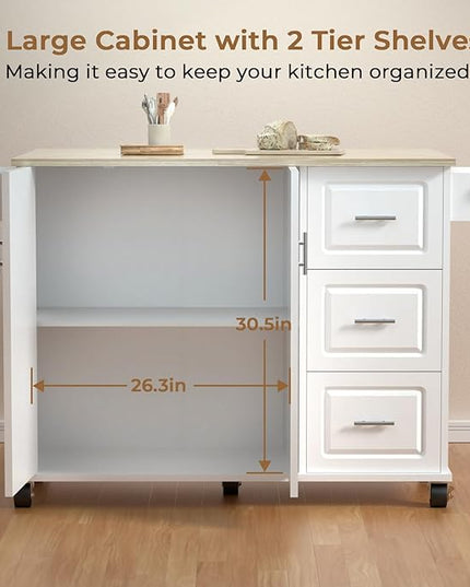 54" Large Kitchen Island Cart with Drop Leaf, Kitchen Island with Storage, Rolling Kitchen Island with Inside Cabinet, 3 Drawers, Spice Rack, Towel Rack and Wood Tabletop(White) - LeafyLoom
