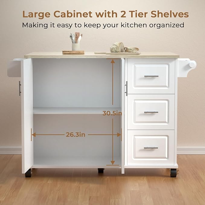 54" Large Kitchen Island Cart with Drop Leaf, Kitchen Island with Storage, Rolling Kitchen Island with Inside Cabinet, 3 Drawers, Spice Rack, Towel Rack and Wood Tabletop(White) - LeafyLoom