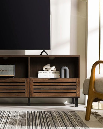 Walker Edison Modern Slatted Wood TV Stand for TV's up to 80" Universal TV Stand for Flat Screen Living Room Storage Cabinets and Shelves Entertainment Center, 70 Inch, Dark Walnut - LeafyLoom