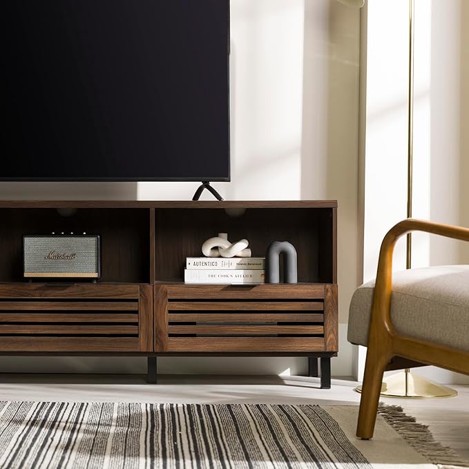 Walker Edison Modern Slatted Wood TV Stand for TV's up to 80" Universal TV Stand for Flat Screen Living Room Storage Cabinets and Shelves Entertainment Center, 70 Inch, Dark Walnut - LeafyLoom