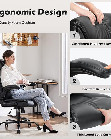 JHK Leather Office Chair with Flip Up Arms, Executive High Back Big and Tall Desk Chairs with Ergonomic Lumbar Support, Adjustable Height,Wheels, Soft Padded, Black - LeafyLoom