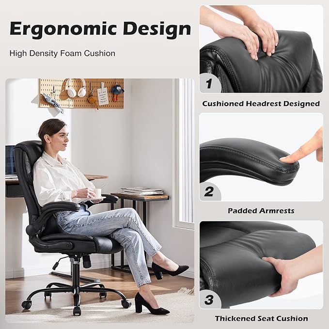 JHK Leather Office Chair with Flip Up Arms, Executive High Back Big and Tall Desk Chairs with Ergonomic Lumbar Support, Adjustable Height,Wheels, Soft Padded, Black - LeafyLoom