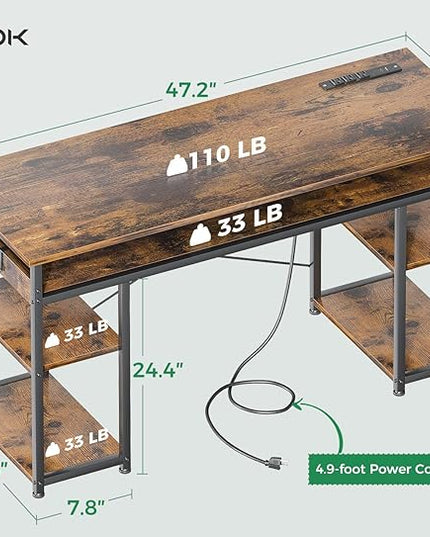 AODK 48 Inch Small Computer Desk with Power Outlets & Type-C, Writing Desk with Storage Shelves Headphone Hook, Student Laptop PC Desks for Small Spaces Home Office, Vintage - LeafyLoom