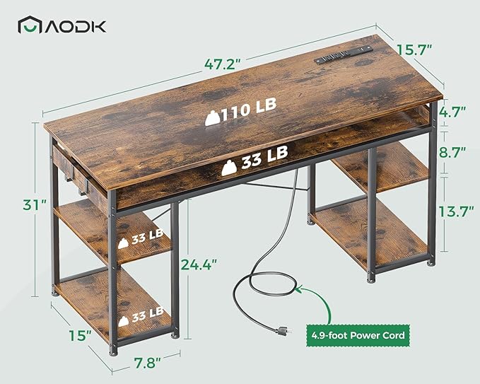 AODK 48 Inch Small Computer Desk with Power Outlets & Type-C, Writing Desk with Storage Shelves Headphone Hook, Student Laptop PC Desks for Small Spaces Home Office, Vintage - LeafyLoom