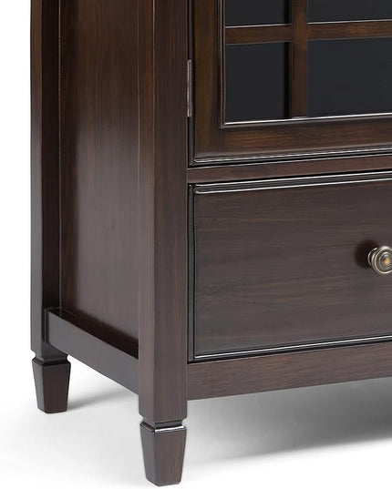 SIMPLIHOME Connaught SOLID WOOD 46 Inch Wide Traditional Tall Storage Cabinet in Dark Chestnut Brown, For the Living Room, Entryway and Family Room - LeafyLoom