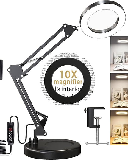 Magnifying Glass with Light and Stand, 10X Magnifying Lamp, 2-in-1 LED Lighted Desk Magnifier with Light, Craft Light Lamp with 3 Color Modes for Close Work Reading Repair Crafts - LeafyLoom