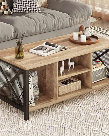 FATORRI Coffee Table for Living Room, Rustic Wood Center Table with Shelves, Farmhouse Rectangle Cocktail Tea Tables (Rustic Oak) - LeafyLoom