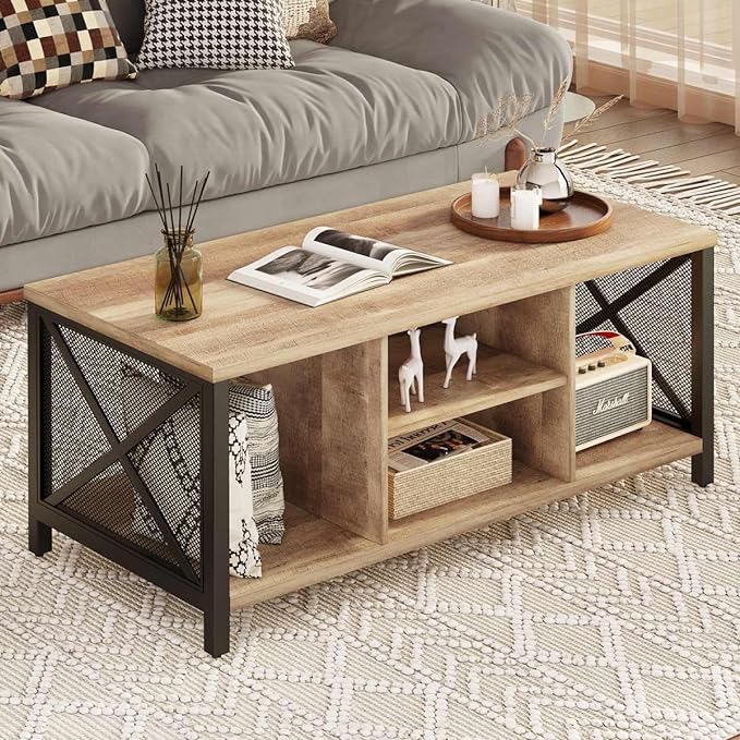 FATORRI Coffee Table for Living Room, Rustic Wood Center Table with Shelves, Farmhouse Rectangle Cocktail Tea Tables (Rustic Oak) - LeafyLoom