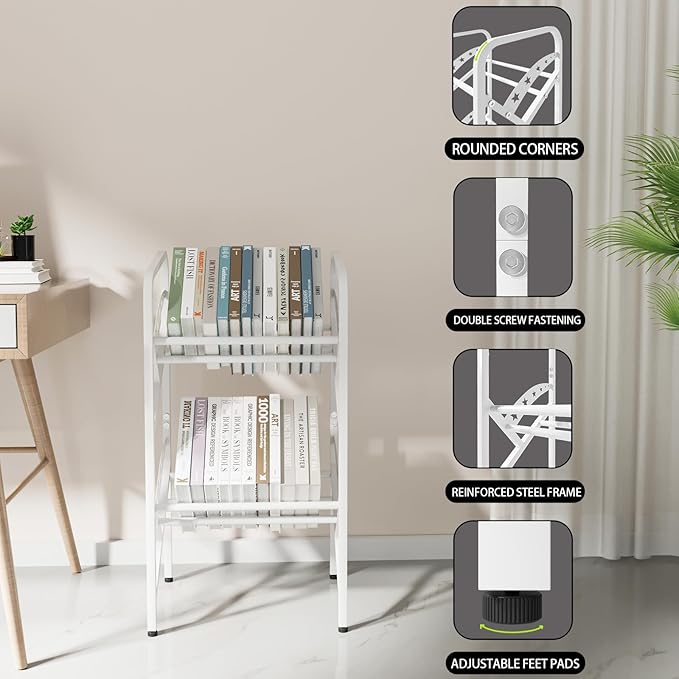 Bookshelf Storage Shelf Bookcase Freestanding Storage Stand Book Organizer for Living Room, Bedroom, Kitchen, Rust Resistance,Easy Assembly Multi-Functional Organizer (2 Tiers, White) - LeafyLoom