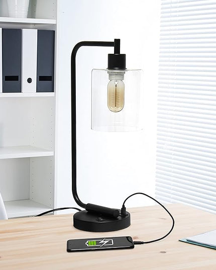 Simple Designs LD1066-BLK-LB Industrial Vintage Bronson Iron Lantern Desk Table Lamp with USB Port and Glass Cylinder Shade for Office, Living Room, Bedroom, Black, with Feit LED Bulb Included - LeafyLoom