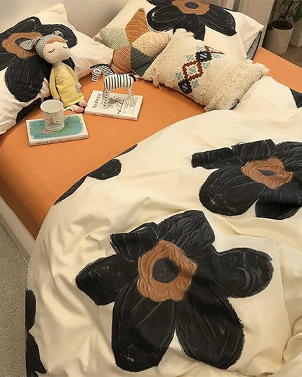 Black Floral Comforter Set Black and White Bedding Queen Comforter Set Flowers Cotton Women Modern Elegant Chic Quilts Blankets Lightweight Black Flower Reversible Bed Comforter Set - LeafyLoom