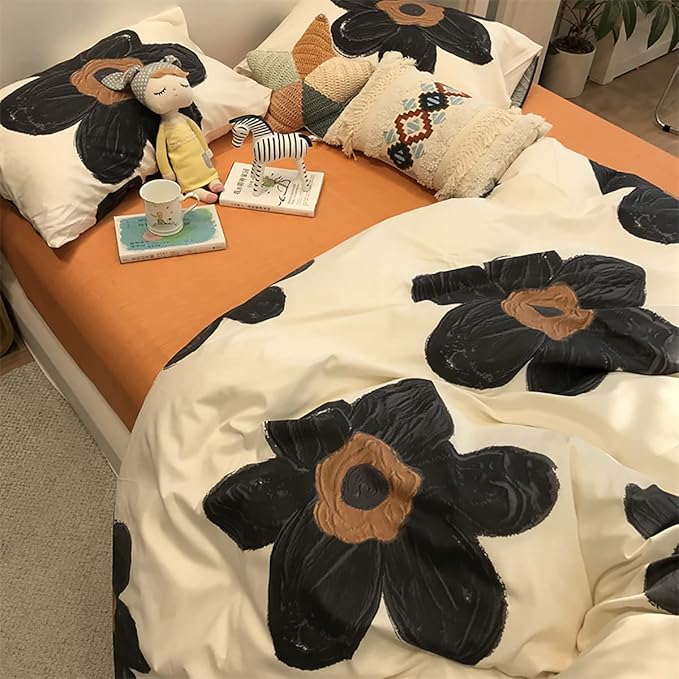 Black Floral Comforter Set Black and White Bedding Queen Comforter Set Flowers Cotton Women Modern Elegant Chic Quilts Blankets Lightweight Black Flower Reversible Bed Comforter Set - LeafyLoom