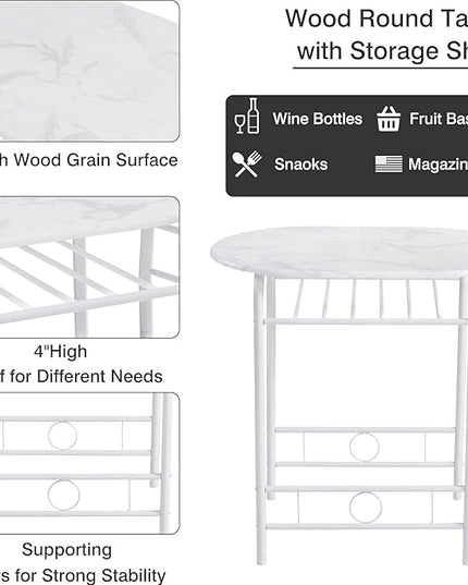 VECELO 3-Piece Dining Table Set for Kitchen Breakfast Nook, Faux Marbled Oval Tabletop and Metal Frame with Built-in Wine Rack, for Small Spaces, 31.5", White - LeafyLoom