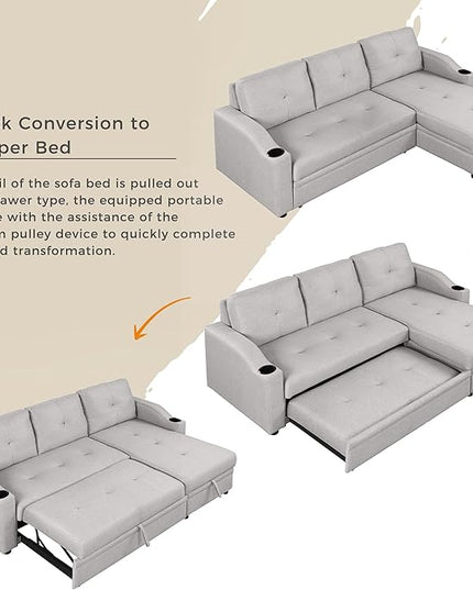80.3'' L-Shape Convertible Sleeper Sectional Sofa with Storage Chaise and Pull-Out Bed, Linen Upholstered Reversible Corner Couch w/Tufted Cushions &Cup Holder, for Living Room, Apartment - LeafyLoom