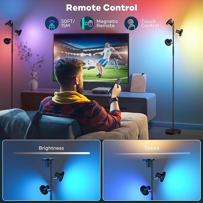 RGB Floor Lamp, 36W Bright LED Standing Lamp with 3 Swivel Lights, Color Changing Tree Tall Lamp with Remote, Stepless Dimmable Modern Floor Lamps for Living Room, Bedroom, Gaming Room,Office - LeafyLoom