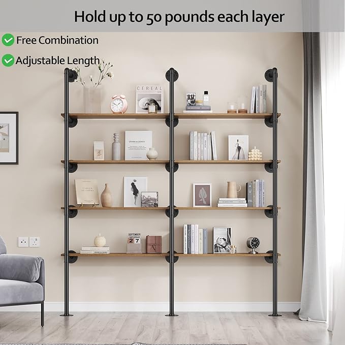 Pynsseu Industrial Iron Pipe Shelf Wall Mount, Farmhouse DIY Open Bookshelf, Pipe Shelves for Kitchen Bathroom, bookcases Living Room Storage, 3Pack of 5 Tier. - LeafyLoom