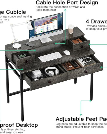 Elephance Small Computer Desk with Monitor Stand 39.37" Home Office Desk with 4 Drawers Study Writing Desk Gaming Table for Small Space - LeafyLoom