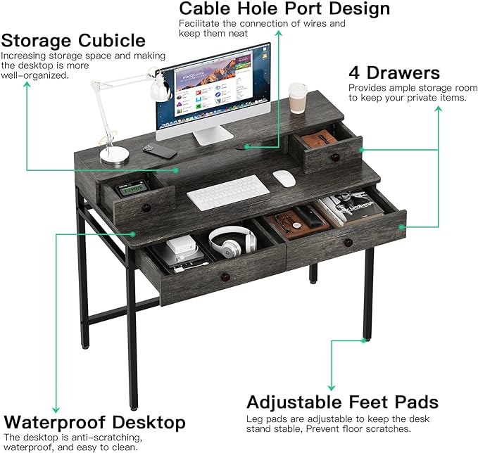 Elephance Small Computer Desk with Monitor Stand 39.37" Home Office Desk with 4 Drawers Study Writing Desk Gaming Table for Small Space - LeafyLoom