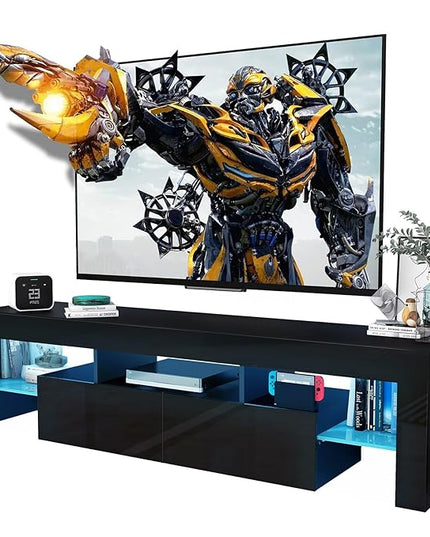 Black TV Stand, 60 65 70 75 inch Wood TV Stand, High Glossy Entertainment Center with Large Drawers＆Glass Display Shelf, LED Modern Media Gaming Cabinet TV Console for Livingroom, Bedroom - LeafyLoom
