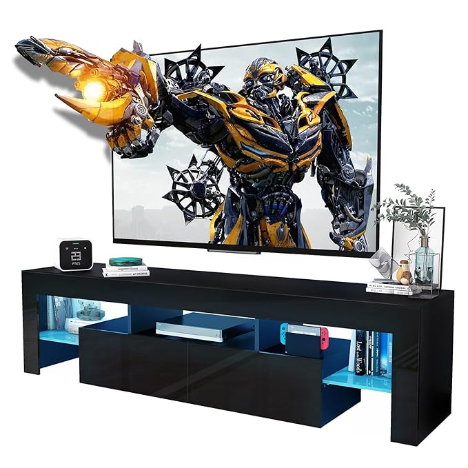 Black TV Stand, 60 65 70 75 inch Wood TV Stand, High Glossy Entertainment Center with Large Drawers＆Glass Display Shelf, LED Modern Media Gaming Cabinet TV Console for Livingroom, Bedroom - LeafyLoom