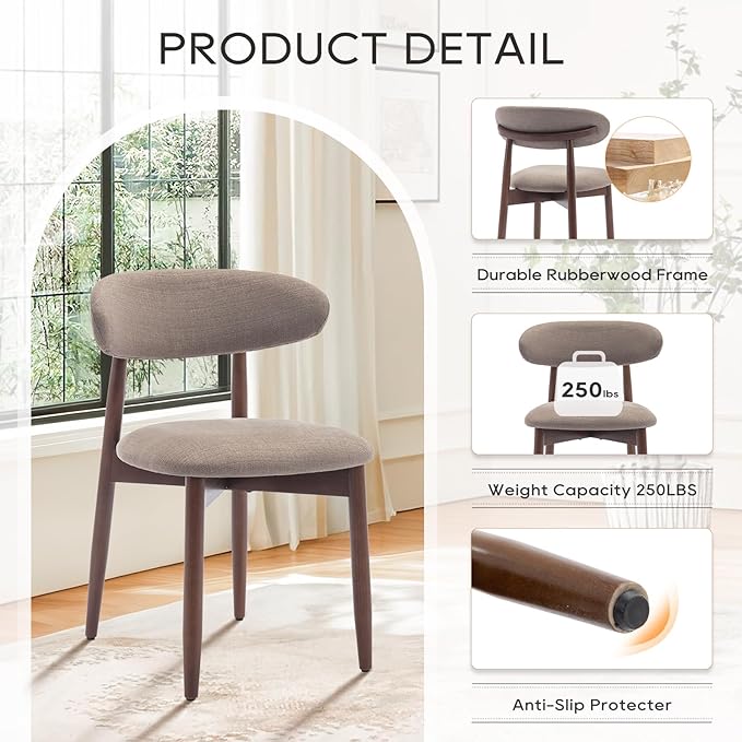 COLAMY Wooden Dining Chairs Set of 4, Modern Fabric Upholstered Kitchen Side Chairs, Farmhouse Dining Room Chair with Foot Pegs, Camel - LeafyLoom