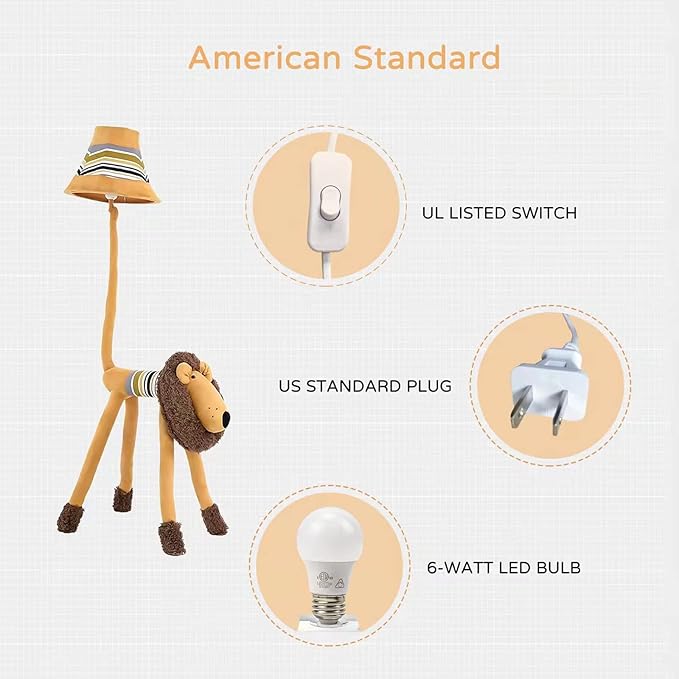 Kids Floor Lamp, Brown Lion Creative Design Modern Floor Lamp for Bedroom, 51 Inch Hand-Stitched Toy Standing Lamp for Living Room, Package Come with an E26 LED Bulb (Brown Lion) - LeafyLoom