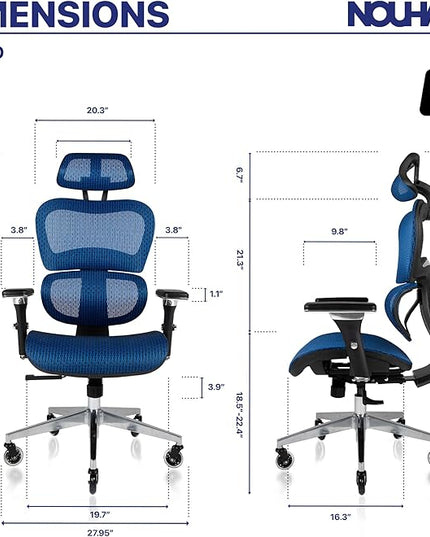 Nouhaus Ergo3D Ergonomic Office Chair Lumbar Support Mesh Office Chair with 4D Adjustable Armrest, Adjustable Headrest and Wheels, Mesh High Back Home Office Desk Chairs(Blue) - LeafyLoom