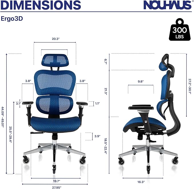 Nouhaus Ergo3D Ergonomic Office Chair Lumbar Support Mesh Office Chair with 4D Adjustable Armrest, Adjustable Headrest and Wheels, Mesh High Back Home Office Desk Chairs(Blue) - LeafyLoom
