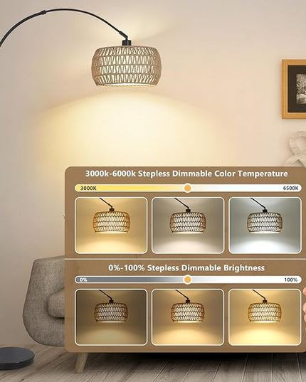 Arc Floor Lamps for Living Room with 3 Color Temperatures, Black Standing Lamp with Remote & Dimmable LED Bulb, Rattan Boho Floor Lamp, Farmhouse Tall Lamp for Bedroom, Over Couch Arched Reading Light - LeafyLoom
