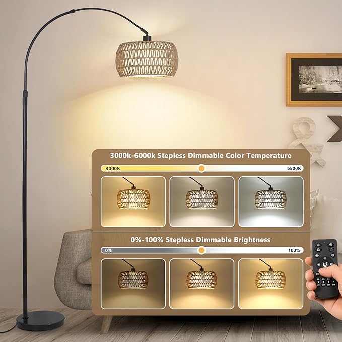 Arc Floor Lamps for Living Room with 3 Color Temperatures, Black Standing Lamp with Remote & Dimmable LED Bulb, Rattan Boho Floor Lamp, Farmhouse Tall Lamp for Bedroom, Over Couch Arched Reading Light - LeafyLoom