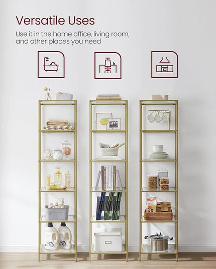 VASAGLE Bookcase, 6-Tier Bookshelf, Slim Shelving Unit for Bedroom, Bathroom, Home Office, Tempered Glass, Steel Frame, Metallic Gold ULGT500A01 - LeafyLoom