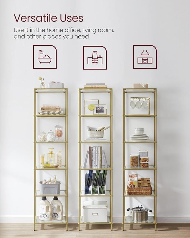 VASAGLE Bookcase, 6-Tier Bookshelf, Slim Shelving Unit for Bedroom, Bathroom, Home Office, Tempered Glass, Steel Frame, Metallic Gold ULGT500A01 - LeafyLoom
