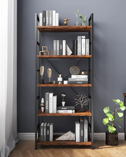 VERMESS 5 Tier Bookshelf, Tall Book Shelf, Vintage Industrial Bookcase Shelf with Open Display Shelves, Wood Storage Shelving Unit Metal Frame Standing Bookshelves for Bedroom/Home/Office, Rustic - LeafyLoom