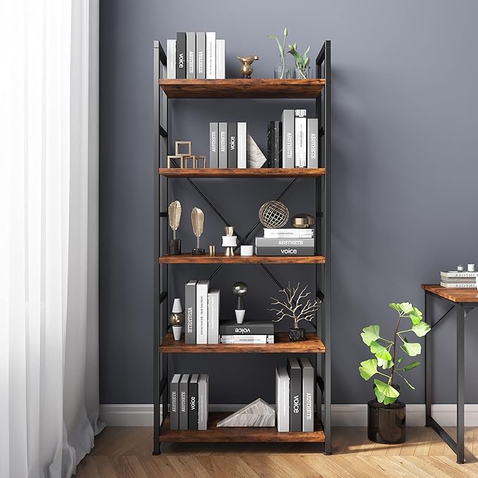 VERMESS 5 Tier Bookshelf, Tall Book Shelf, Vintage Industrial Bookcase Shelf with Open Display Shelves, Wood Storage Shelving Unit Metal Frame Standing Bookshelves for Bedroom/Home/Office, Rustic - LeafyLoom