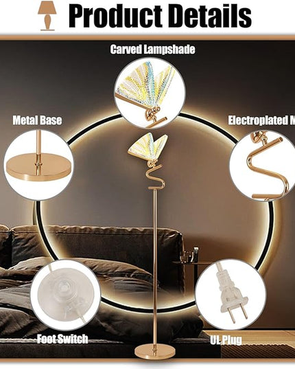 O'NEELDY Gold Butterfly, Decorative Goose Neck Design, 12W LED Standing Tall Lamp for Living Room, 4000K Warm White Energy-Saving Modern Floor Lamp for Bedroom Office, Acrylic - LeafyLoom