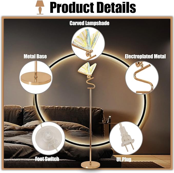 O'NEELDY Gold Butterfly, Decorative Goose Neck Design, 12W LED Standing Tall Lamp for Living Room, 4000K Warm White Energy-Saving Modern Floor Lamp for Bedroom Office, Acrylic - LeafyLoom