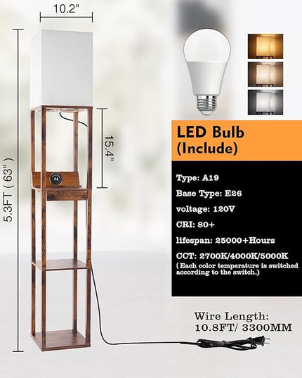 RUNTOP Floor Lamp with Shelves, Shelf Floor Lamp with Wireless Charger & 2 Charging USB Ports & Drawer, AC Outlet, 3 Color Temperature Tall Standing Lamp with Bulb for Living Room, Bedroom, Office - LeafyLoom
