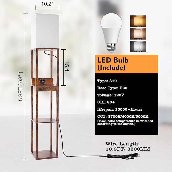 RUNTOP Floor Lamp with Shelves, Shelf Floor Lamp with Wireless Charger & 2 Charging USB Ports & Drawer, AC Outlet, 3 Color Temperature Tall Standing Lamp with Bulb for Living Room, Bedroom, Office - LeafyLoom