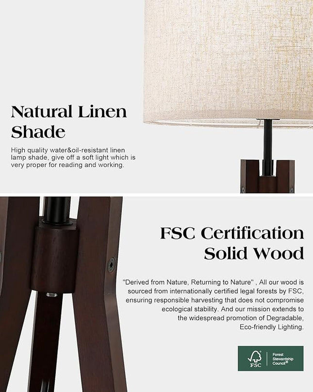 ELYONA Wood Tripod Floor Lamp for Bedroom, 3 Color Temperatures & Linen Shade, Modern Reading Standing Lamp with 9W LED Bulb, Mid Century Night Light for Farmhouse, Living Room, Office, Walnut - LeafyLoom