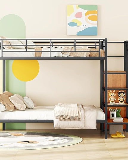 Full Over Full Metal Bunk Bed Frame with Lateral Storage Ladder & Wardrobe,Heavy-Duty Steel Frame Bunk Bed with Safety Guard Rails, for Kids Teens Adults, No Box Spring Needed - LeafyLoom