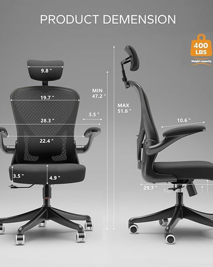 Ergonomic Office Chair Home Desk Office Chair with Flip-Armrest & Cushion for Lumbar Support, high Back Computer Chair with Thickened Cushion Desk Chairs Black - LeafyLoom