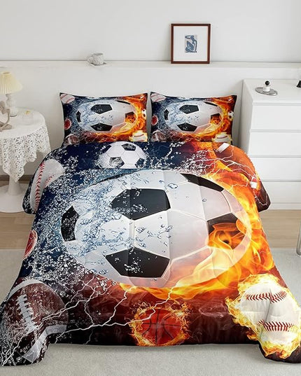 Erosebridal Boys Soccer Bedding Set Football Sports Twin Comforter Set for Kids Teens Youth Bedroom Decor Lightning Baseball Quilt Duvet Water Fire Basketball Comforter with 1 Pillow Case Red Blue - LeafyLoom