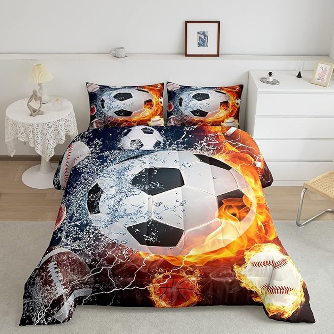 Erosebridal Boys Soccer Bedding Set Football Sports Twin Comforter Set for Kids Teens Youth Bedroom Decor Lightning Baseball Quilt Duvet Water Fire Basketball Comforter with 1 Pillow Case Red Blue - LeafyLoom