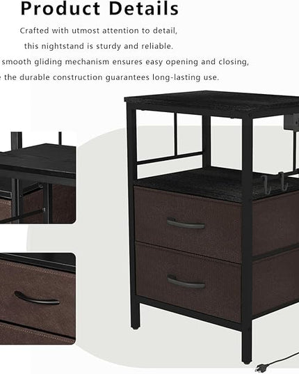 Nightstand with Charging Station, Side Table with Fabric Drawers and Open Shelf, Night Stand for Bedroom Decor, Bedside Table with USB Ports & Outlets (Black,1) - LeafyLoom