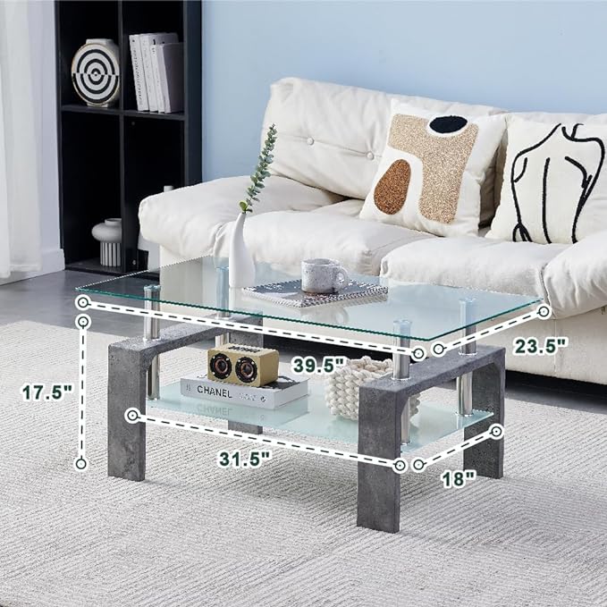 Living Room Rectangle Coffee Table, Tea Table Suitable for Waiting Room, Modern Side Coffee Table with Wooden Leg, Glass Tabletop with Lower Shelf,Grey Marble - LeafyLoom