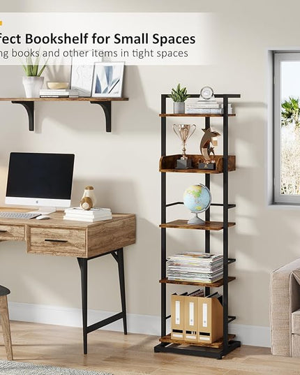 Bookshelf 5-Tier Book shelf - Narrow Wood Bookcase Tall Corner Book Shelves Storage Organizer Display Book Rack for Living Room Bedroom Office Home (Rustic Brown) - LeafyLoom