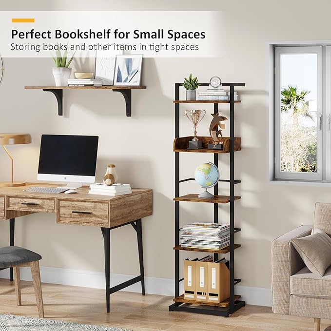 Bookshelf 5-Tier Book shelf - Narrow Wood Bookcase Tall Corner Book Shelves Storage Organizer Display Book Rack for Living Room Bedroom Office Home (Rustic Brown) - LeafyLoom